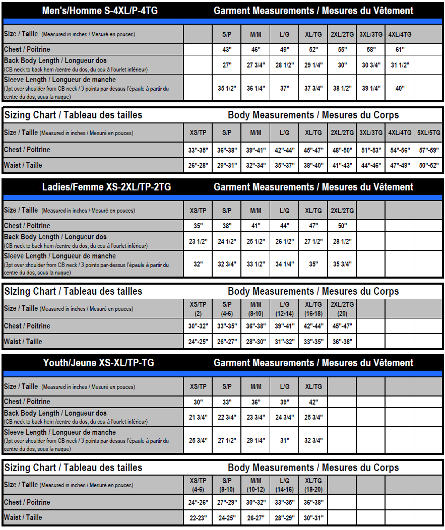 Puffer jacket size chart