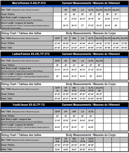 Puffer jacket size chart