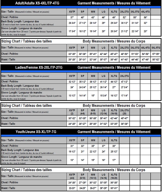 Training T-shirt size chart