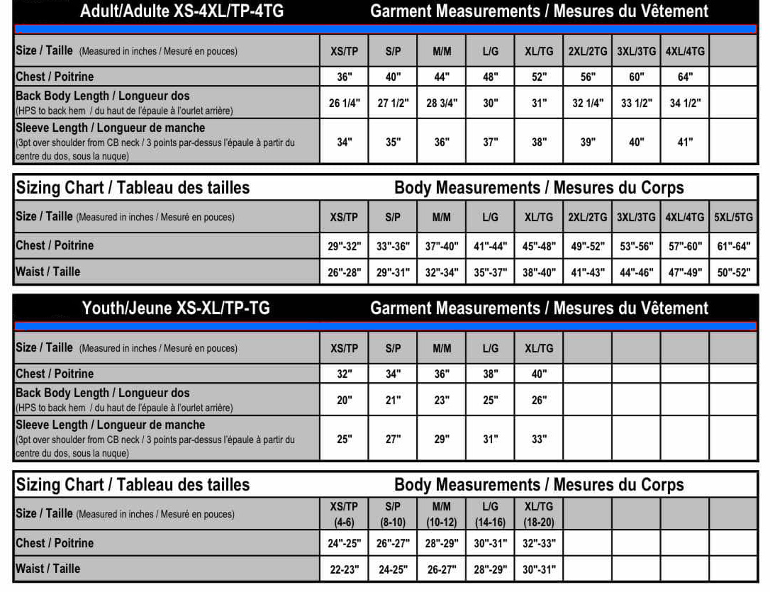 Guide des tailles du chandail à col zippé 1/4