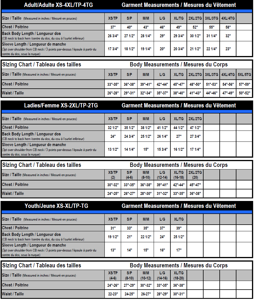 Training T-shirt size chart