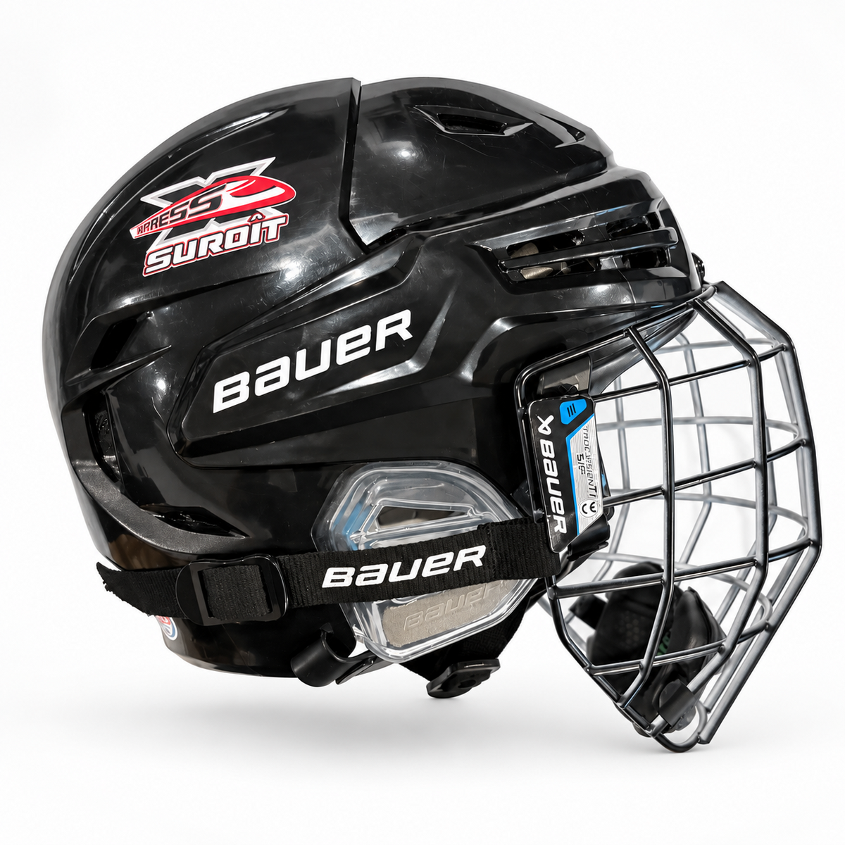 Suroît Express helmet decals on a black Bauer hockey helmet