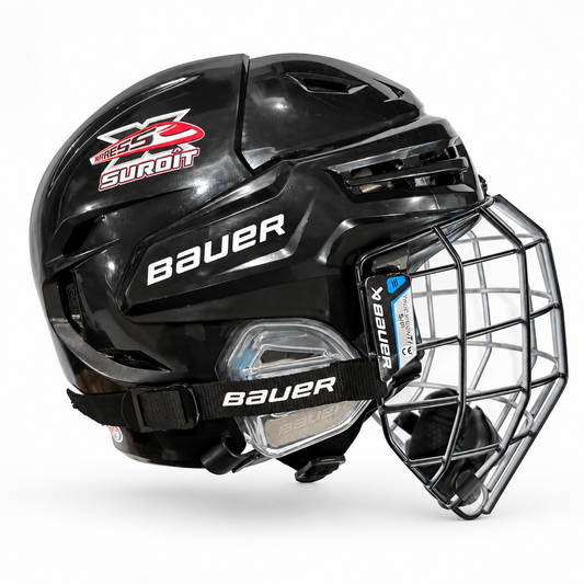 Suroît Express helmet decals on a black Bauer hockey helmet